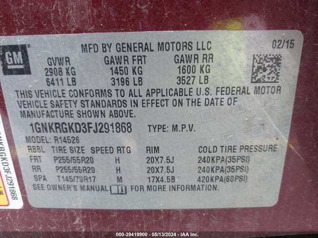 Chevrolet Traverse 1lt 2015 1GNKRGKD3FJ291868 Image 9