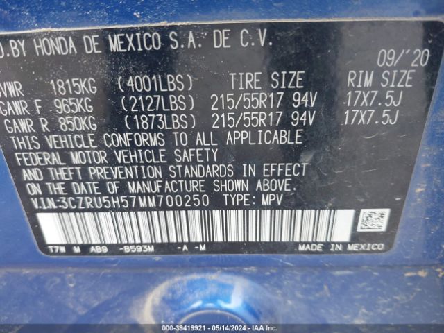 3CZRU5H57MM700250 Honda Hr-v 2wd Ex