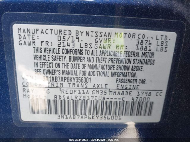 3N1AB7AP6KY356001 Nissan SENTRA SR
