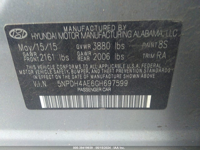 Hyundai ELANTRA SE 2016 5NPDH4AE6GH697599 Image 9