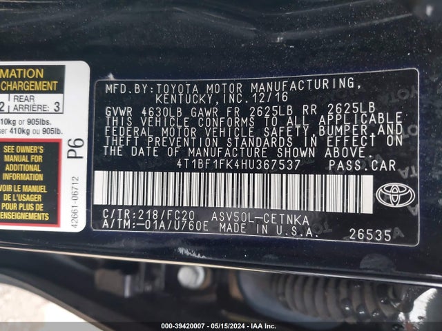 Toyota CAMRY LE 2017 4T1BF1FK4HU367537 Image 9