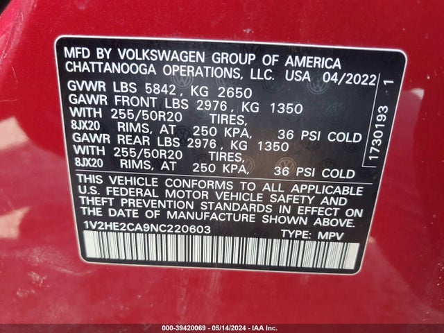 1V2HE2CA9NC220603 Volkswagen Atlas Cross Sport 3.6l V6 Se W/technology