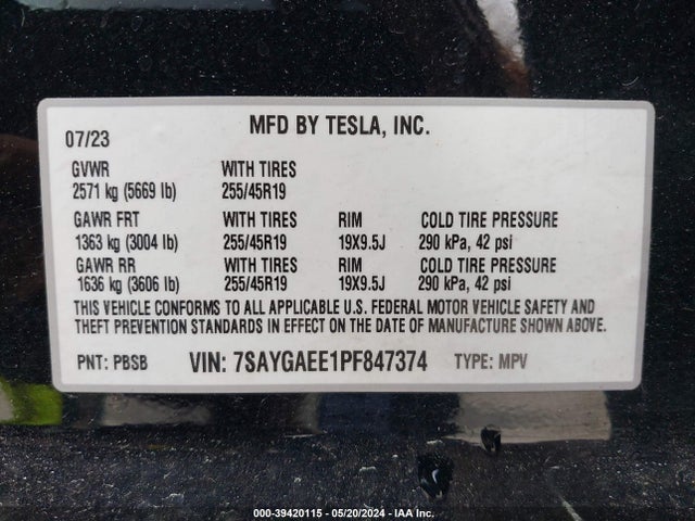 7SAYGAEE1PF847374 Tesla Model Y Awd/long Range Dual Motor All-wheel Drive