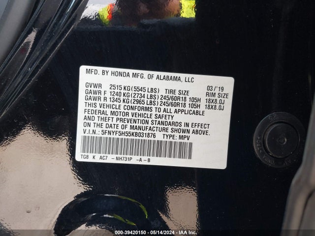 Honda Pilot Ex-l 2019 5FNYF5H55KB031876 Image 9