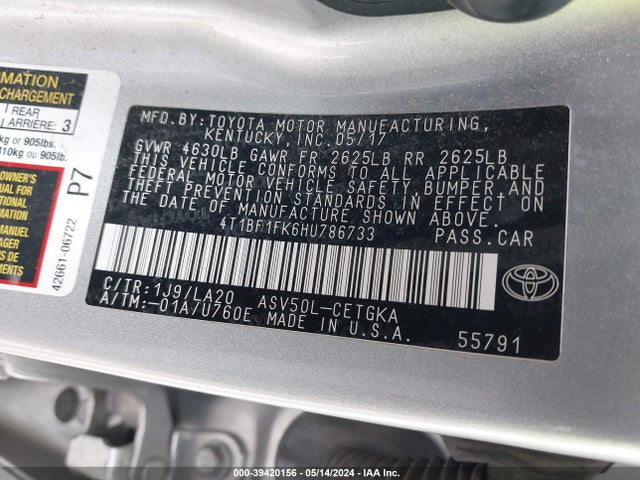 Toyota CAMRY XLE 2017 4T1BF1FK6HU786733 Image 9
