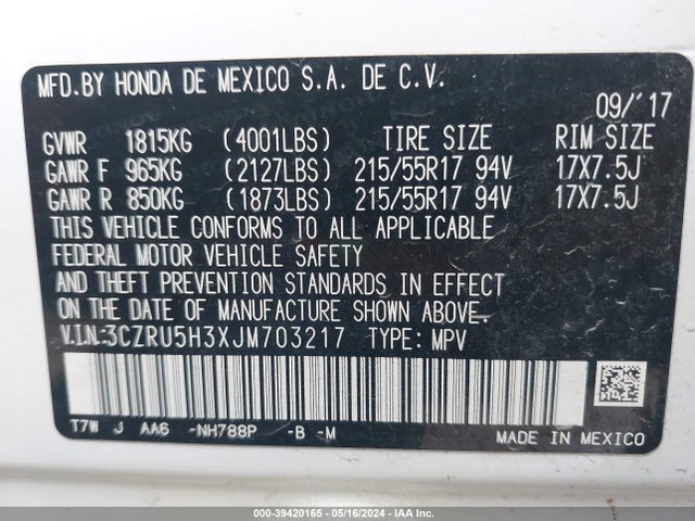 Honda HR-V LX 2018 3CZRU5H3XJM703217 Image 9