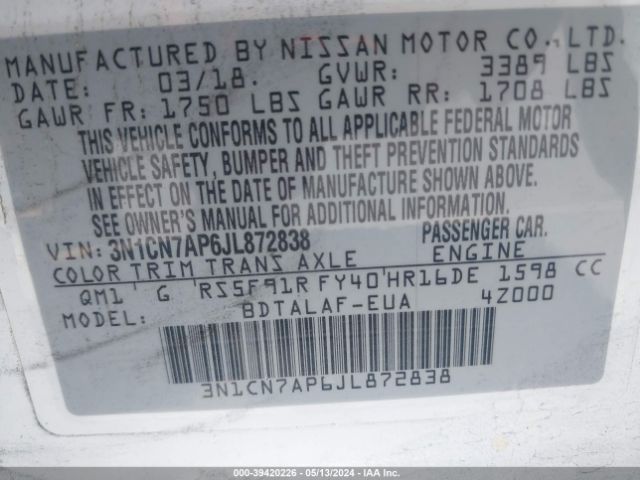 3N1CN7AP6JL872838 Nissan Versa 1.6 S