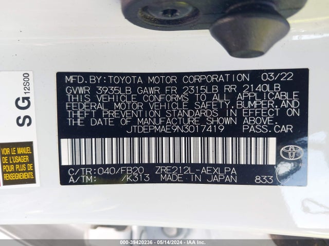 Toyota COROLLA LE 2022 JTDEPMAE9N3017419 Image 9