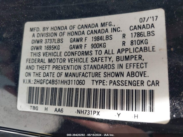 Honda Civic Lx 2017 2HGFC4B51HH311060 Image 9