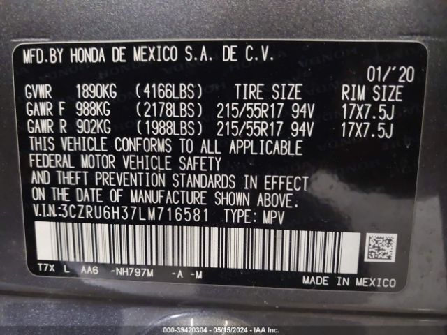 3CZRU6H37LM716581 Honda Hr-v Awd Lx