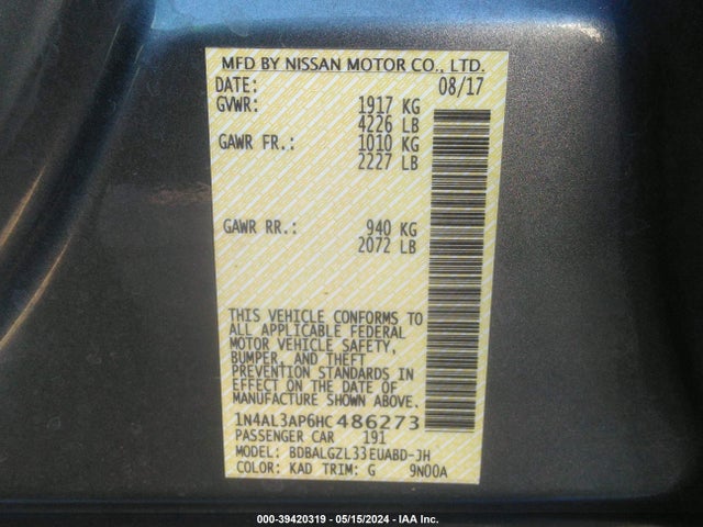 Nissan Altima 2.5 S 2017 1N4AL3AP6HC486273 Image 9