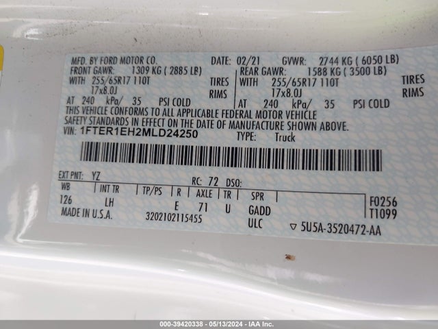 Ford RANGER XL 2021 1FTER1EH2MLD24250 Image 9