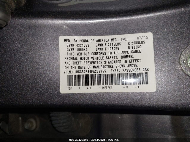 Honda Accord Ex-l 2015 1HGCR2F86FA252755 Image 9