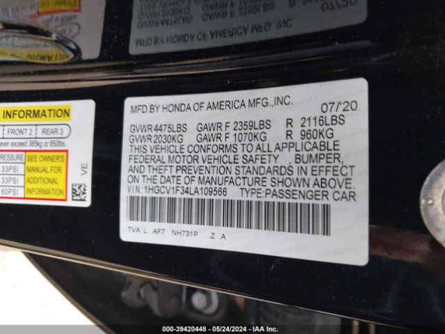 1HGCV1F34LA109566 Honda Accord Sport