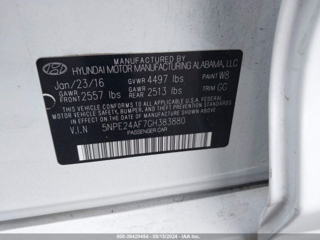 5NPE24AF7GH383880 Hyundai SONATA SE