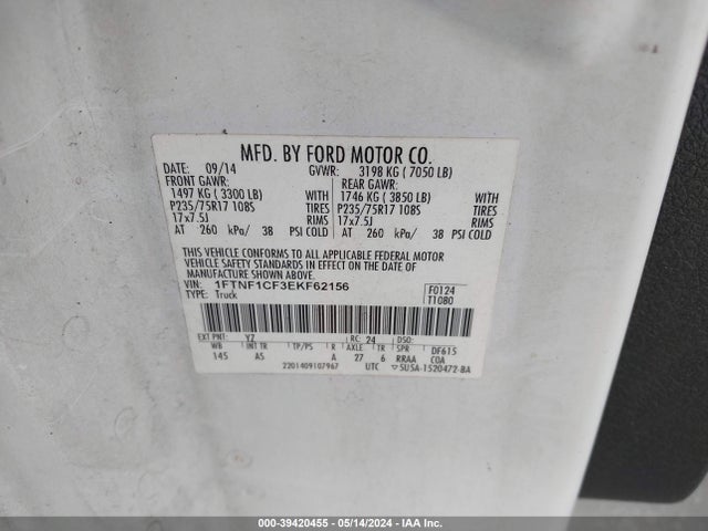Ford F-150 Xl 2014 1FTNF1CF3EKF62156 Image 9