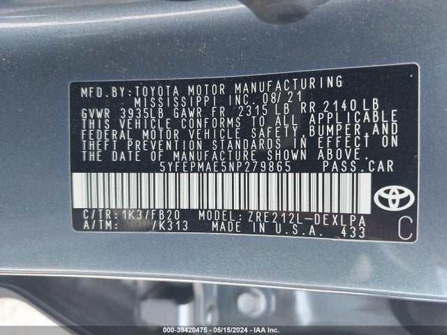 Toyota COROLLA LE 2022 5YFEPMAE5NP279865 Image 9