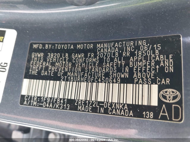 Toyota COROLLA LE 2015 2T1BURHE0FC450649 Image 9