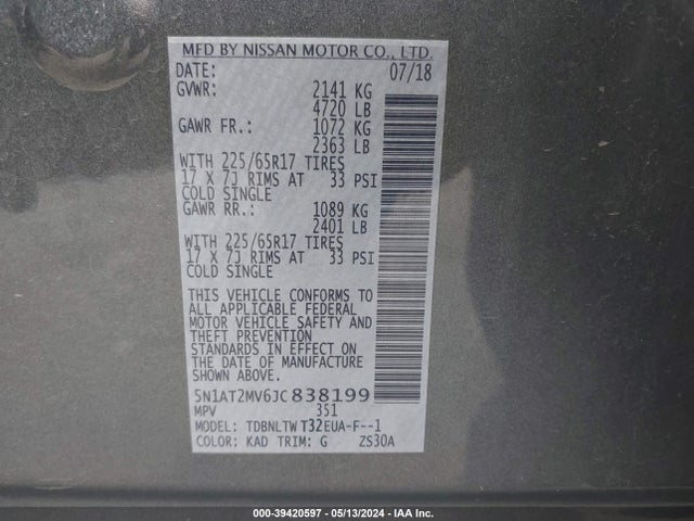 Nissan ROGUE SV 2018 5N1AT2MV6JC838199 Image 9