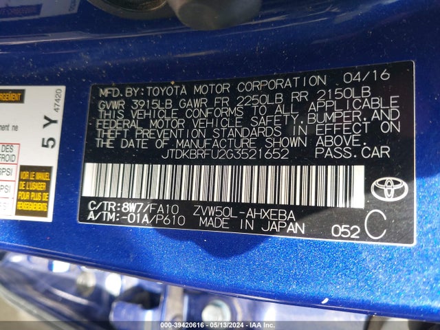 Toyota Prius Two 2016 JTDKBRFU2G3521652 Image 9