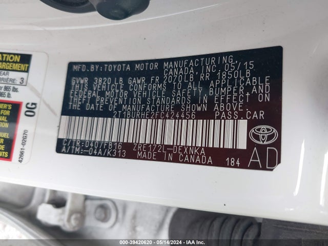 Toyota COROLLA LE 2015 2T1BURHE2FC424456 Image 9