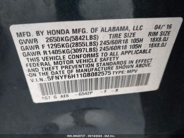 5FNYF6H11GB082575 Honda PILOT LX