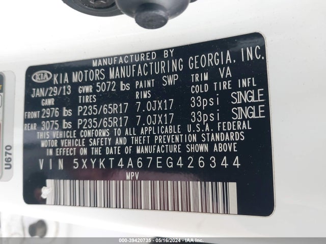 KIA SORENTO LX 2014 5XYKT4A67EG426344 Image 9
