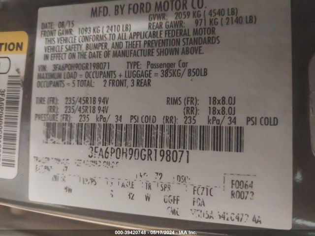 Ford FUSION SE 2016 3FA6P0H90GR198071 Image 9