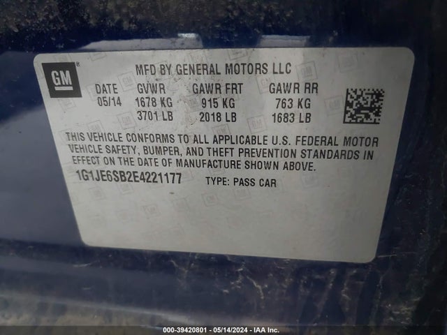 Chevrolet Sonic Ltz Auto 2014 1G1JE6SB2E4221177 Image 9