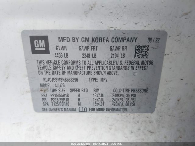 KL4CJESM8NB553296 Buick Encore Awd Preferred