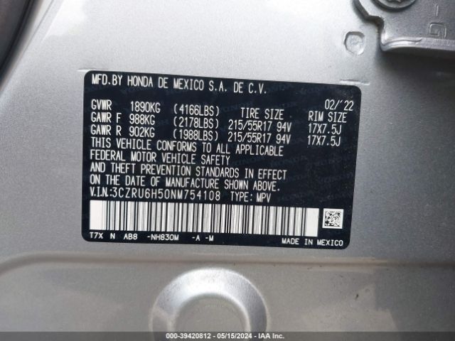 3CZRU6H50NM754108 Honda Hr-v Awd Ex
