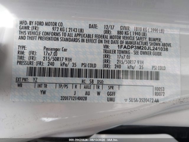 1FADP3M20JL241038 Ford FOCUS SEL