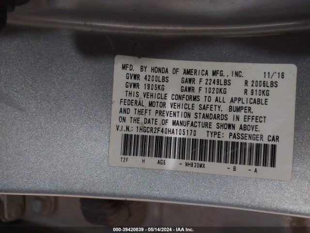 Honda ACCORD LX 2017 1HGCR2F40HA105170 Image 9