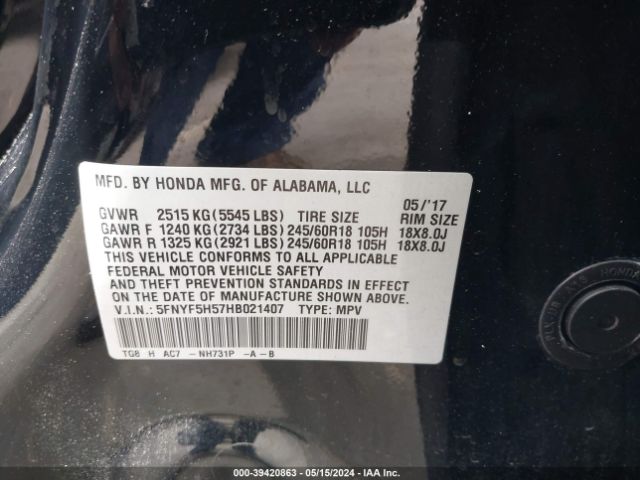 5FNYF5H57HB021407 Honda Pilot Ex-l