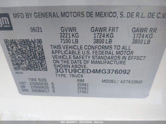 GMC Sierra 1500 4wd  Short Box Elevation 2021 3GTU9CED4MG376092 Image 9