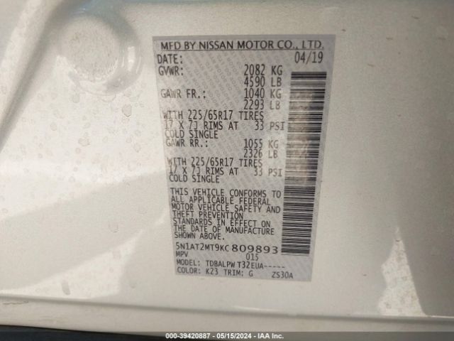 5N1AT2MT9KC809893 Nissan ROGUE S