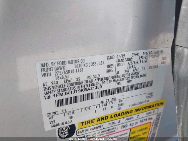 1FMJK1JT9KEA21380 Ford Expedition Max Xlt