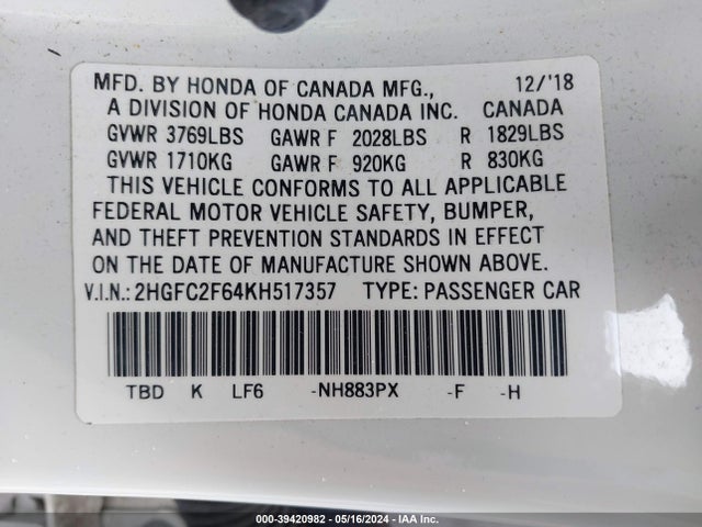 Honda Civic Lx 2019 2HGFC2F64KH517357 Image 9
