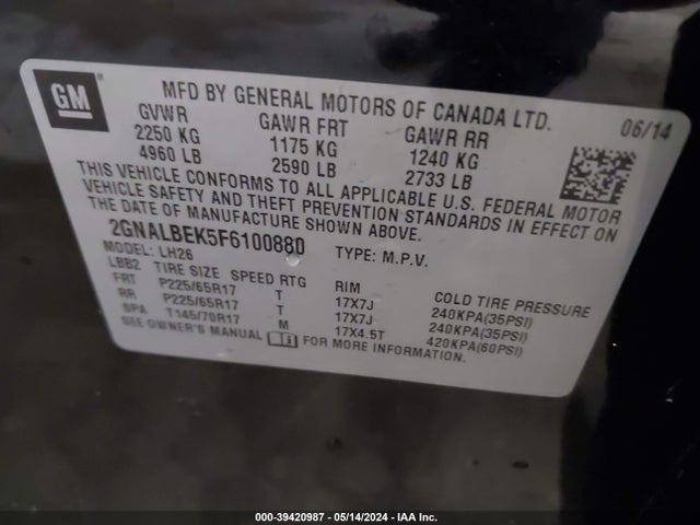 Chevrolet EQUINOX 1LT 2015 2GNALBEK5F6100880 Image 9