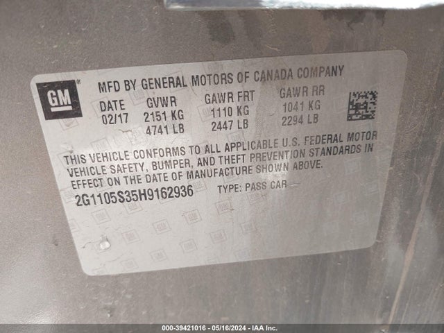 Chevrolet IMPALA 1LT 2017 2G1105S35H9162936 Image 9