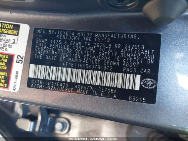 4T1B11HK5KU794972 Toyota CAMRY SE