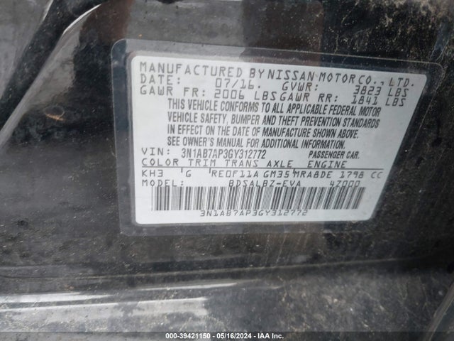 Nissan SENTRA S 2016 3N1AB7AP3GY312772 Image 9