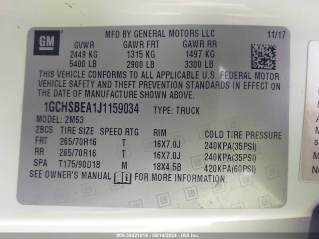 Chevrolet Colorado Wt 2018 1GCHSBEA1J1159034 Image 9