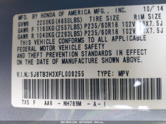 5J8TB3H3XFL009255 Acura RDX