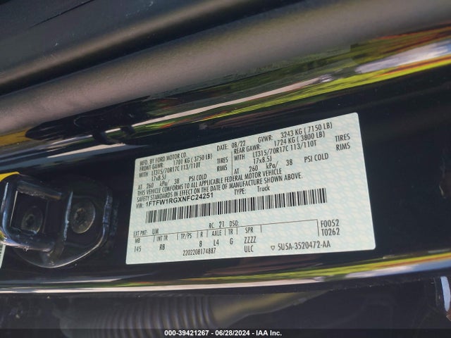 Ford F-150 Raptor 2022 1FTFW1RGXNFC24251 Image 9