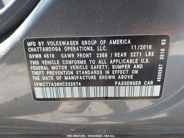 1VWCT7A36HC032674 Volkswagen Passat 1.8t Sel Premium