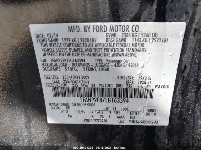 Ford Taurus Limited 2014 1FAHP2F87EG163594 Image 9