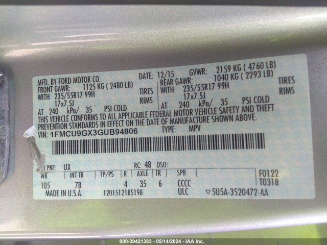 Ford ESCAPE SE 2016 1FMCU9GX3GUB94806 Image 9