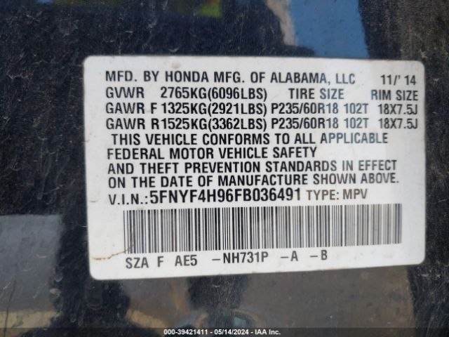 5FNYF4H96FB036491 Honda Pilot Touring