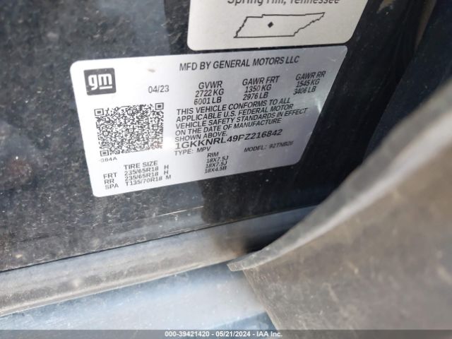 1GKKNRL49PZ216842 GMC Acadia Awd Sle